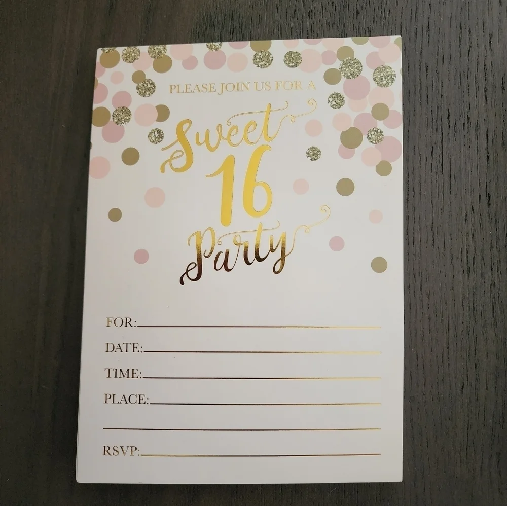Sweet 16 birthday party invitations pink and gold (18 invitations/19 envelopes)